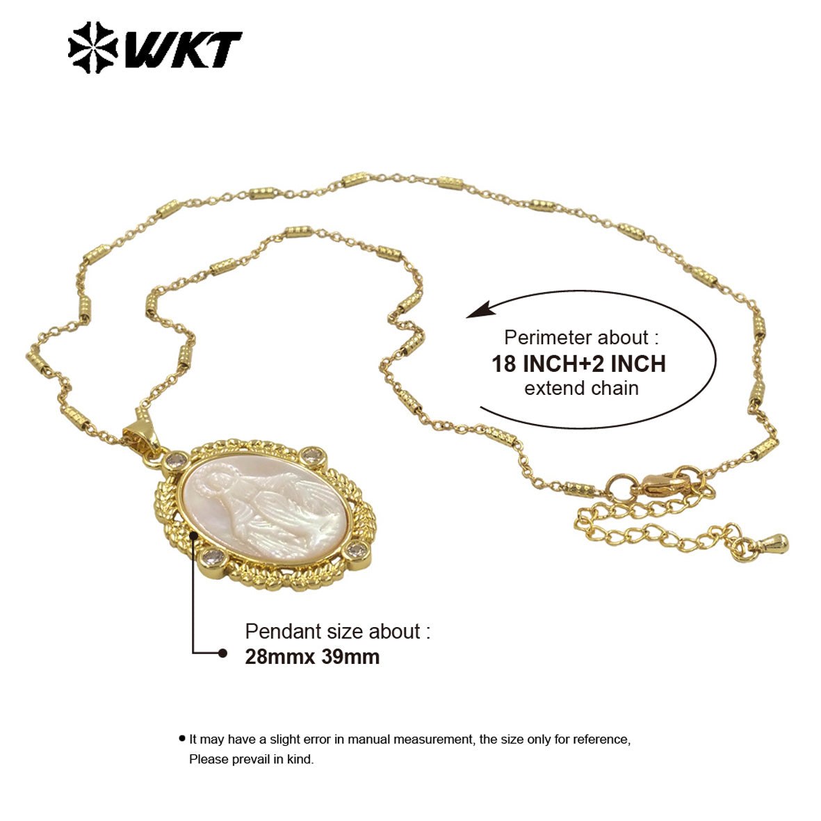 WT-JN272 Amazing Gorgeous Cubic Zircon Around 18K Real Gold Plated Brass Bezel Setting Shell Carved Lady of Grace Necklace