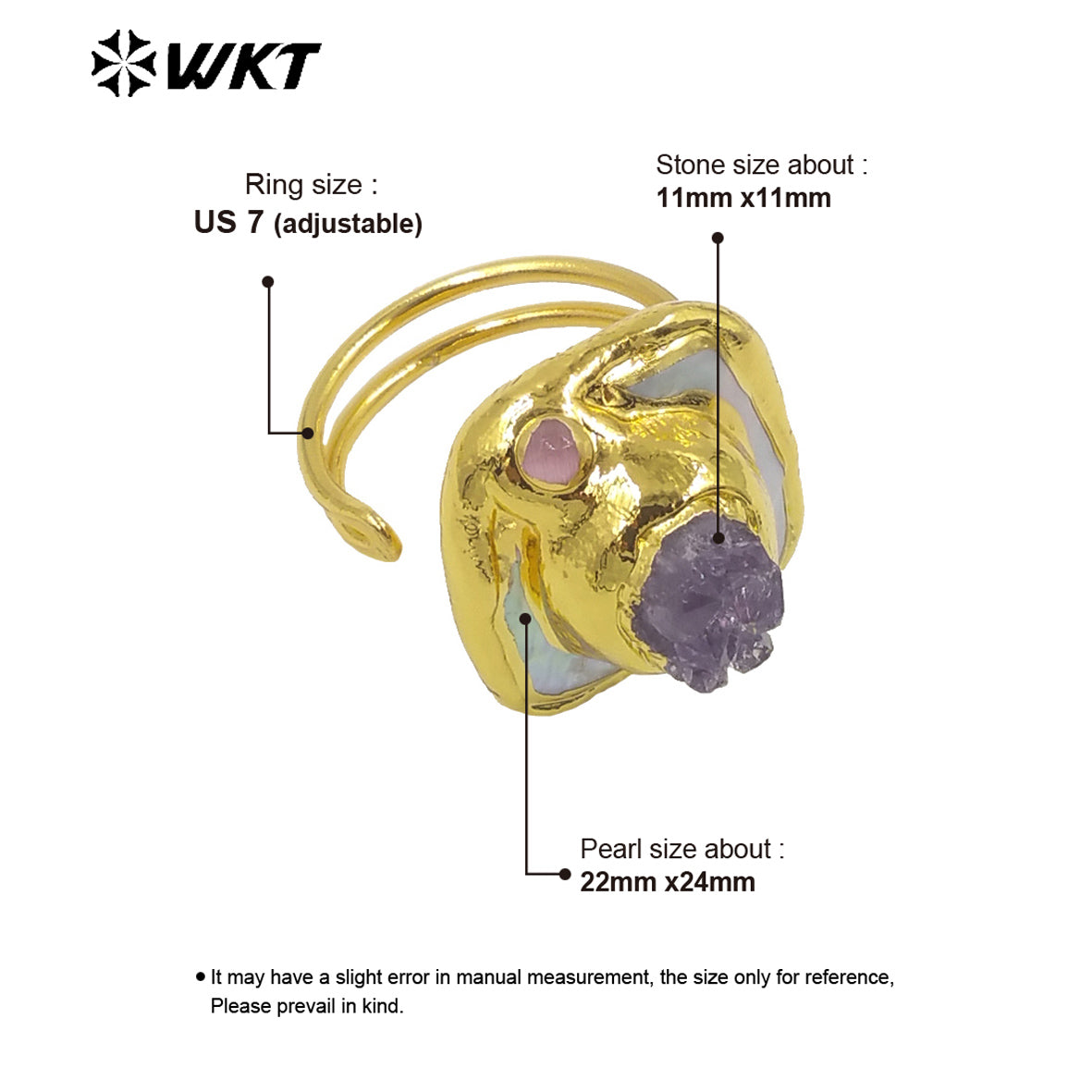 WT-MPR030 Sophisticated Design Ring Craft Pearl Ring Natural Stone Amethyst Shape 18k Gold Plated Women Stone Rings
