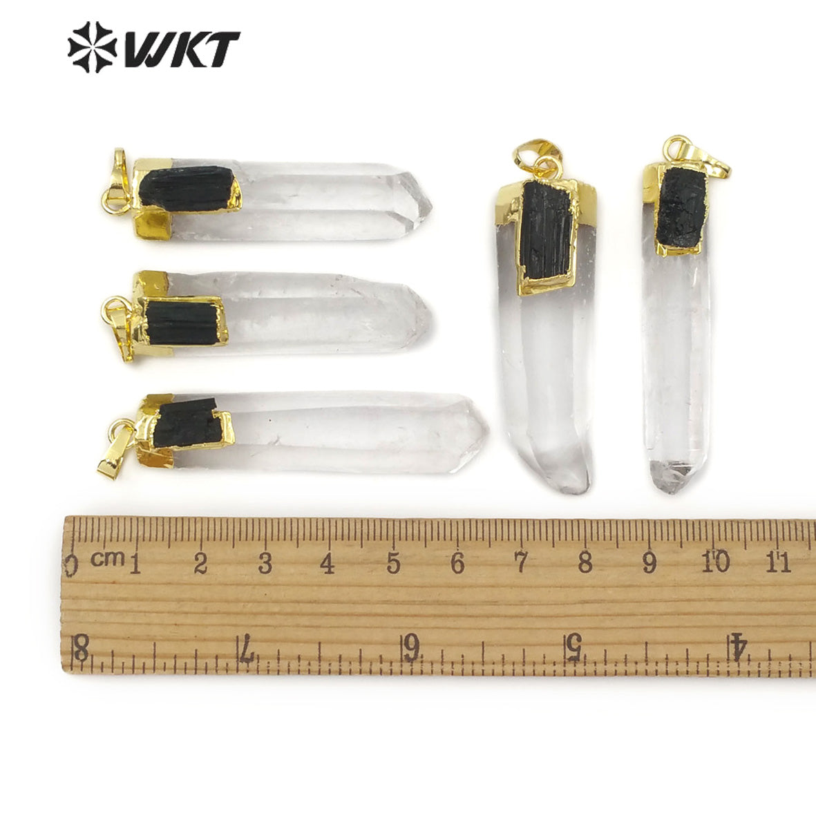 WT-P1447 Wholesale New Design Natural Stone in 18K Gold Plated Crystal Quartz with Black Tourmaline Charm Pendant
