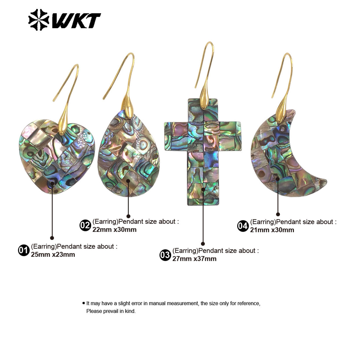 WT-MPE159 Hot Sales Romantic Style Natural Abalone Shell Earrings in Gold Plated Cross Heart Waterdrop Moon Shape Ladies Gift