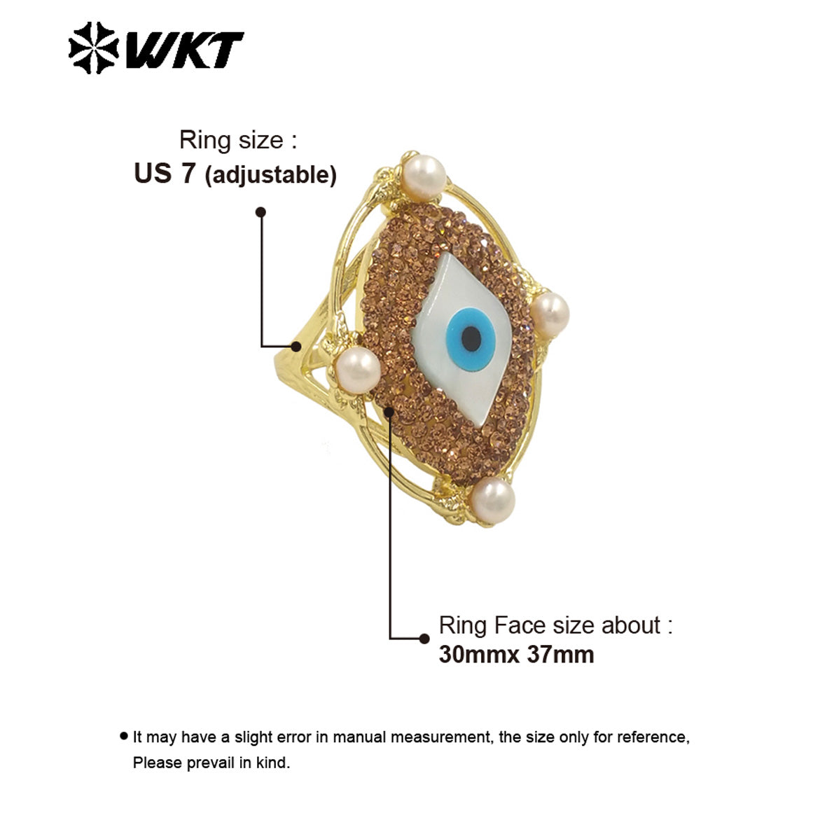 WT-MPR116 New Design Vintage Eye 18K Gold Plated Round Pearl Rhinestone Ring Niche Cultural Jewelry for Both Men and Women