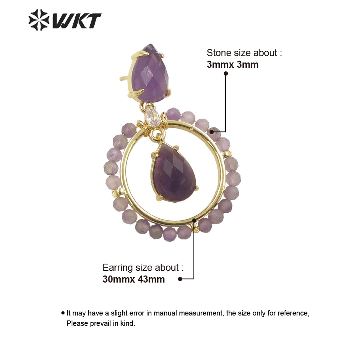 WT-E714 WKT Newest Summer Design Gorgeous Multi Natural Gemstone Big Hoop Earrings Gold Plated Lead Free Amazonite Stone Studs
