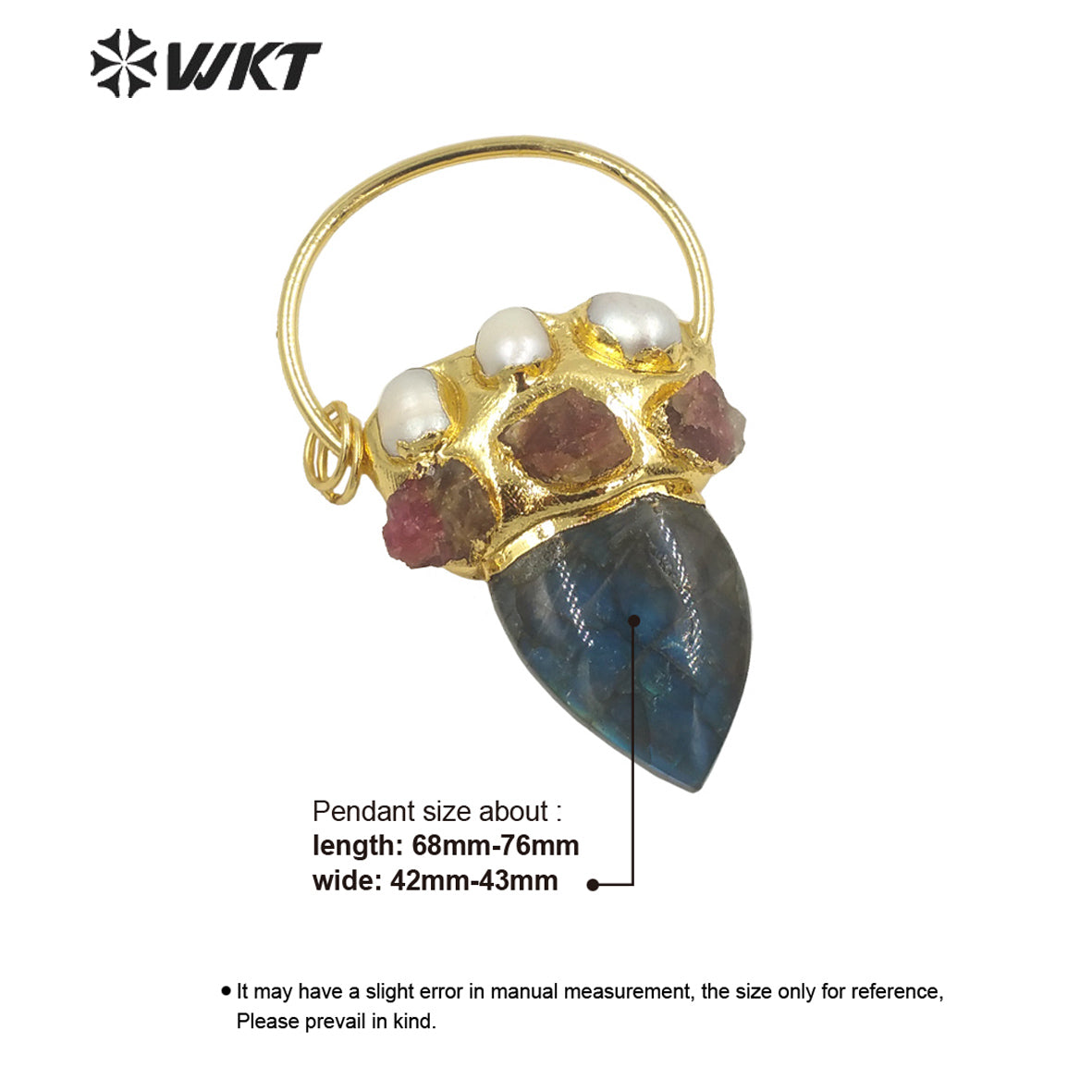 WT-P1894 Wholesale Fashion Gold Plated With Big Ring Stone Pendant Gorgeous Handmade Pearl Labradorite Horn Pendant Jewelry