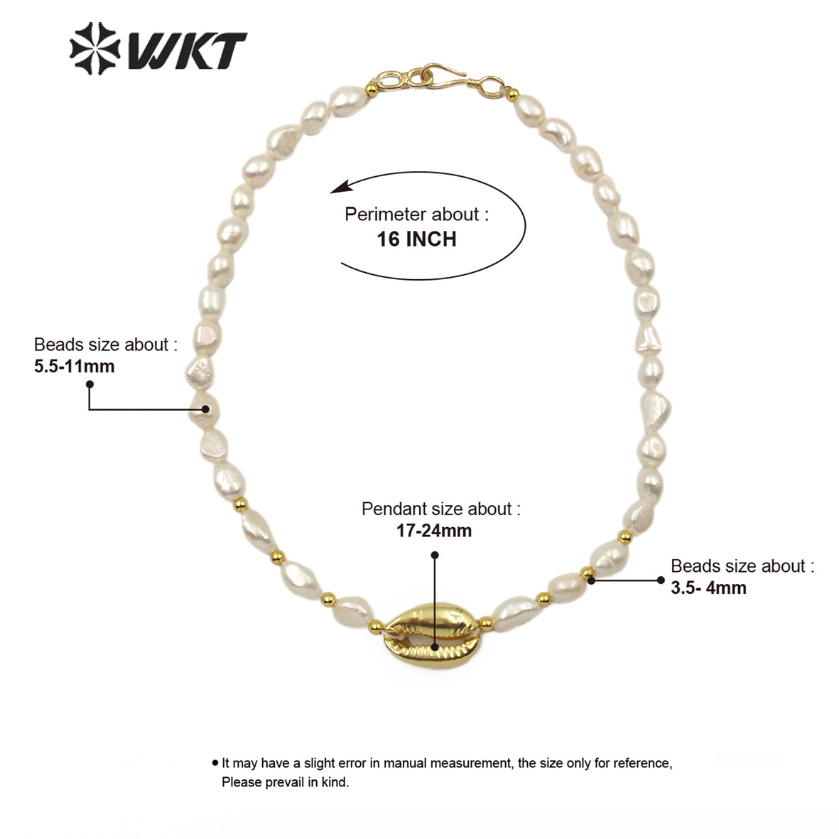 WT-JN089 Natural Cowrie & Pearl Necklace Full Gold or White Gold Cowrie Pendant Necklace in 16Inch Long Pearl Necklace Jewelry