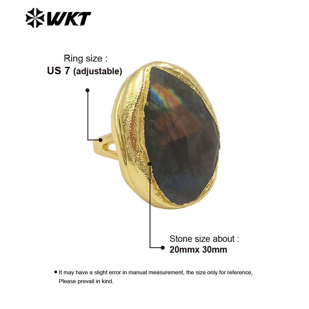 WT-R557 Customized Beautiful 18K Gold Plated Drop Shaped Labradorite Opening Adjustable Daily Decorative Ring for Unisex Jewelry