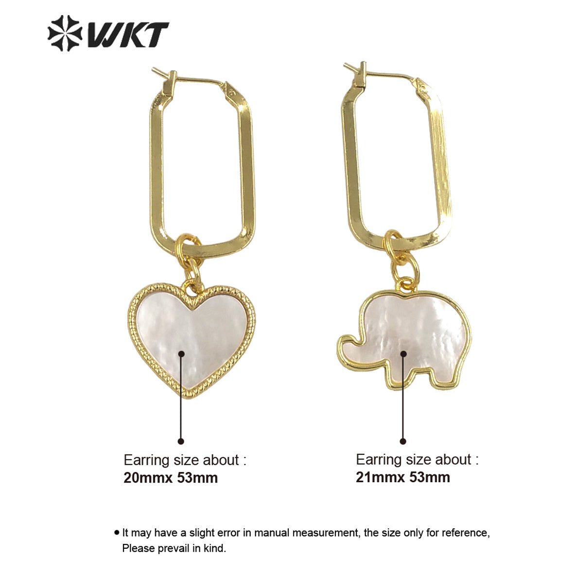 WT-MPE084 Newest Fashion White Mother of Pearl Lovely Elephant Earrings 18k Gold Plated Shell Heart Charm Earrings