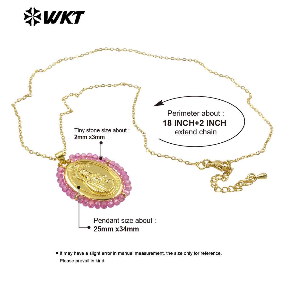 WT-MN989 Women Handmade Crystal Wire Wrapped Oval Shape 18K Gold Plated Miraculous Medal Necklace for Spring