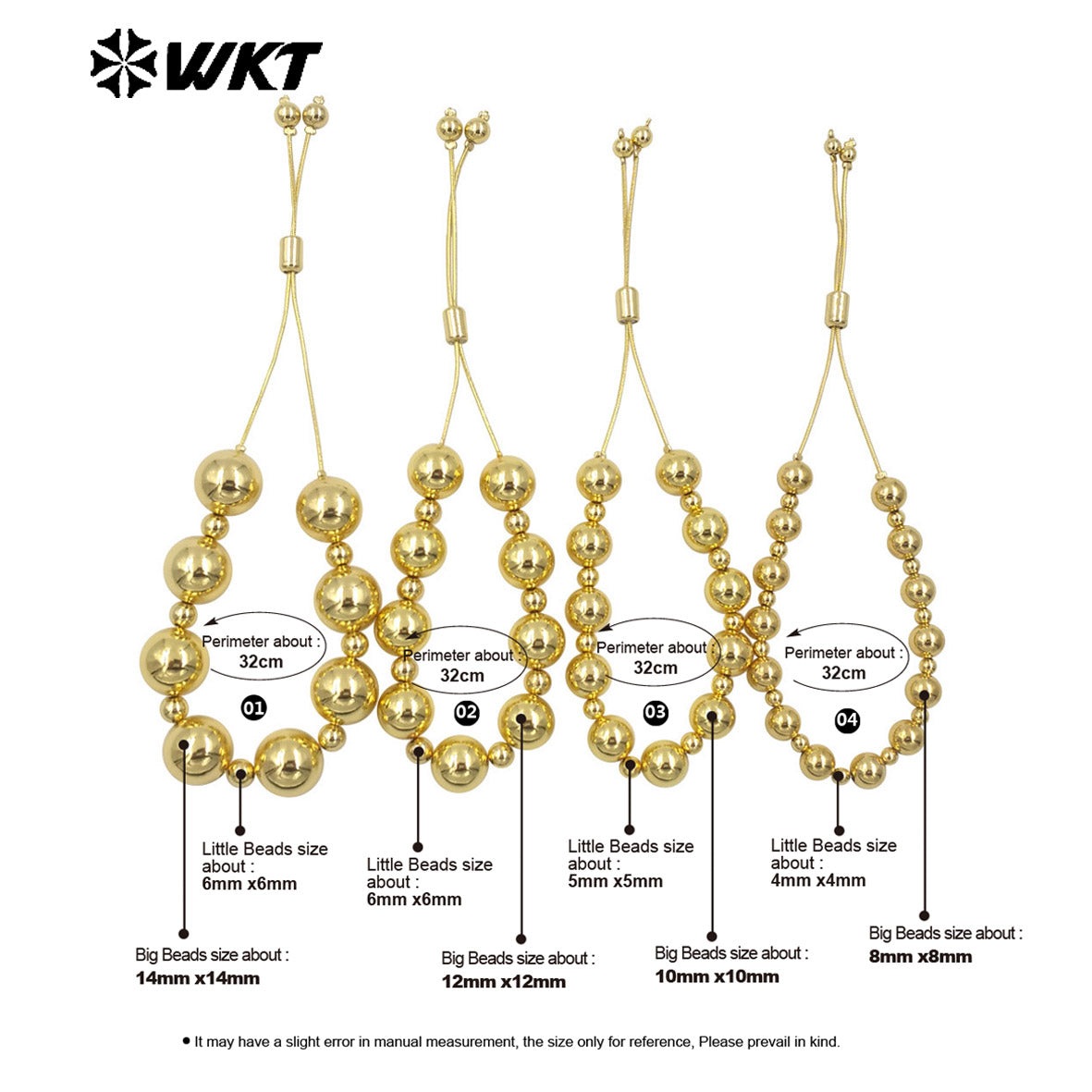 WT-JF347 New Popular Design Different Size Brass Round Beads Handmade Chain Bracelet in Adjustable for Women