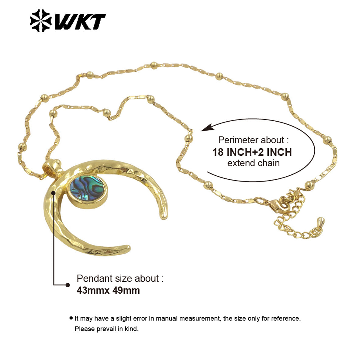 WT-JN275 Wholesale New Big Brass Gold Plated Natural Abalone Shell Crescent Horn Necklace for Women Jewelry