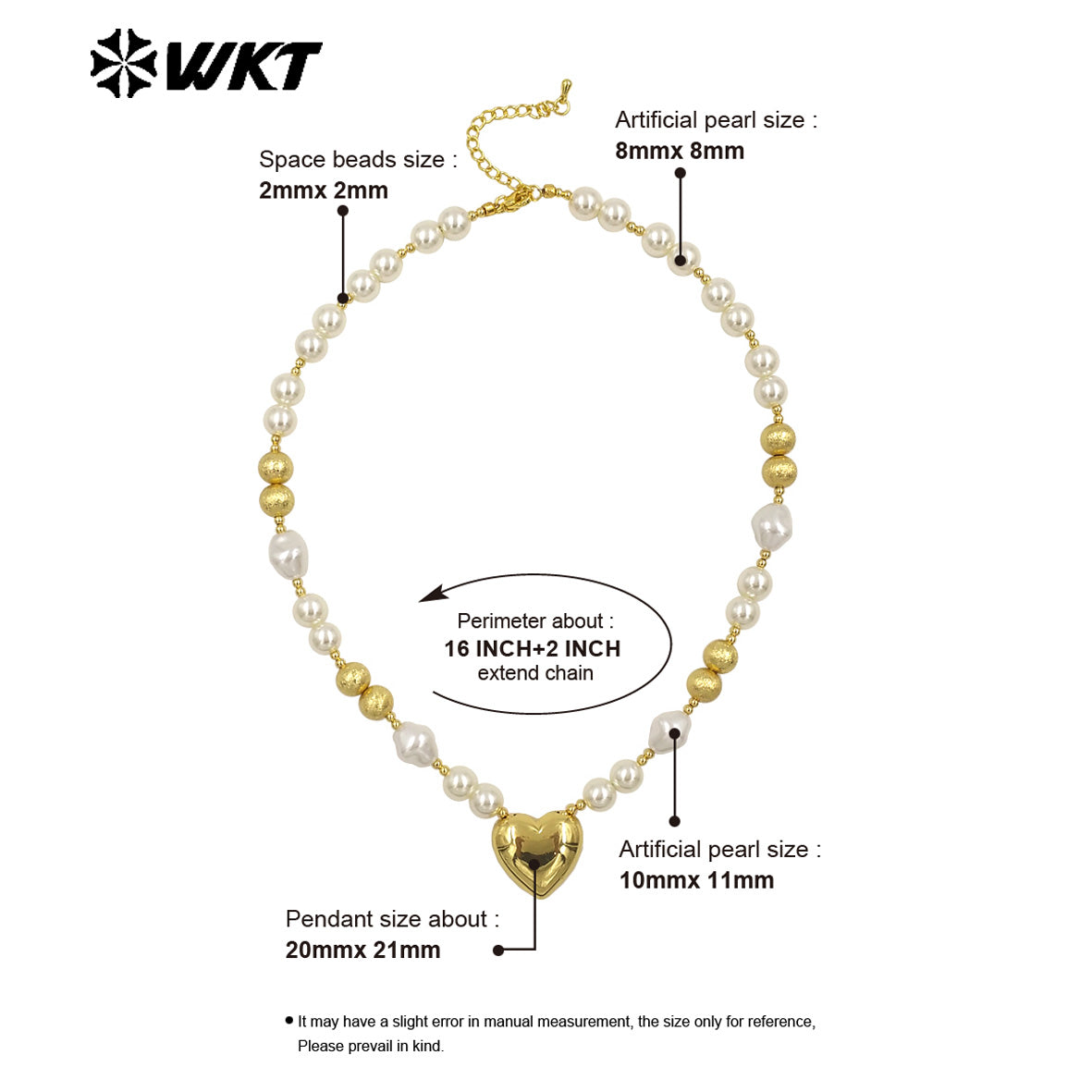 WT-JN286 New Product Lovely Natural Yellow Brass Artificial Pearl Love Shaped Necklace for Sweet Girls As Daily Matching Jewelry