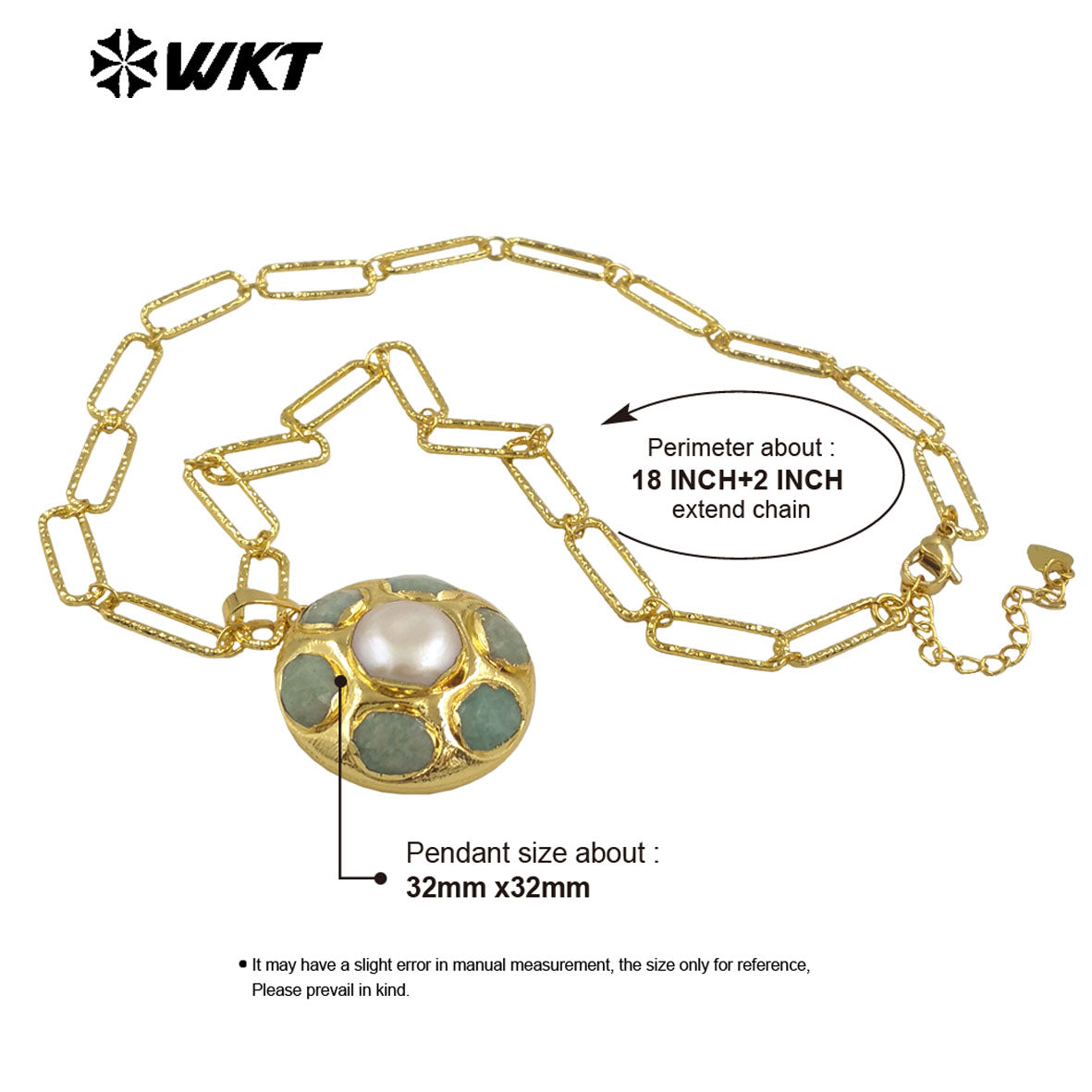 WT-N1493 Amazing Big 18k Real Gold Plated Link Chain Necklace With Round Natural Gemstone and Pearl Assemble Pendants Necklace