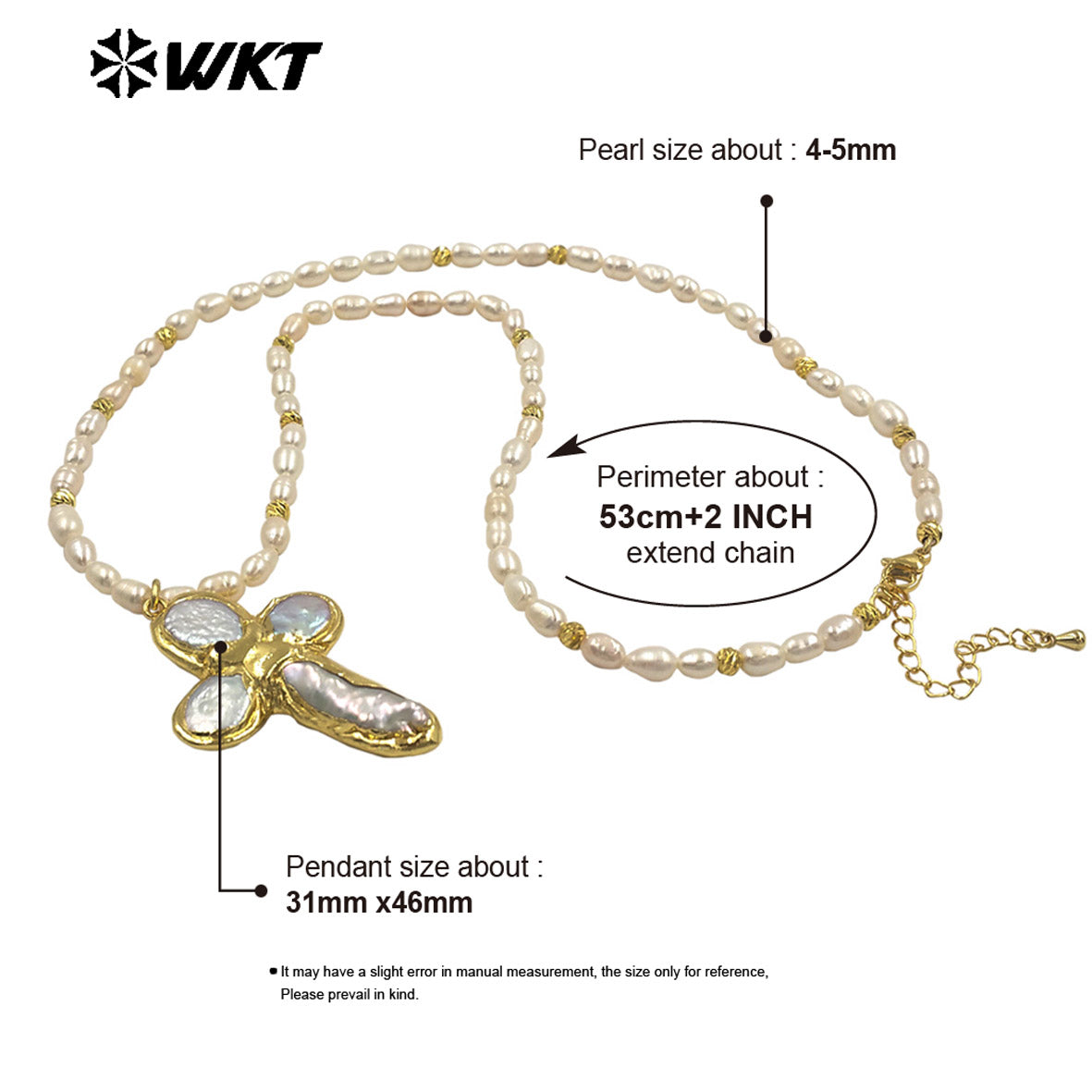 WT-JN370 Good Quality Trendy Gold Electroplated Natural Pearl Chain And Cross Pendant Women Necklace As Elegant Jewelry Gift