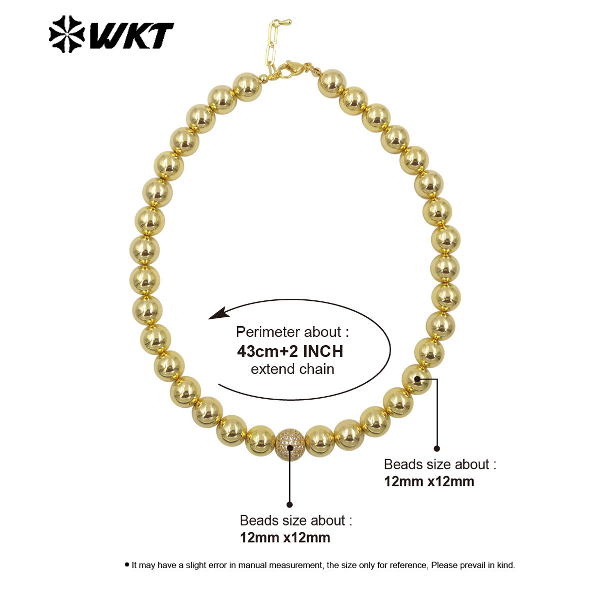 WT-JFN19 Wholesale New Handmade 12MM Big Round Brass Beads Fashion Lady Simple Cool 18k Real Gold Plated Metal Necklace
