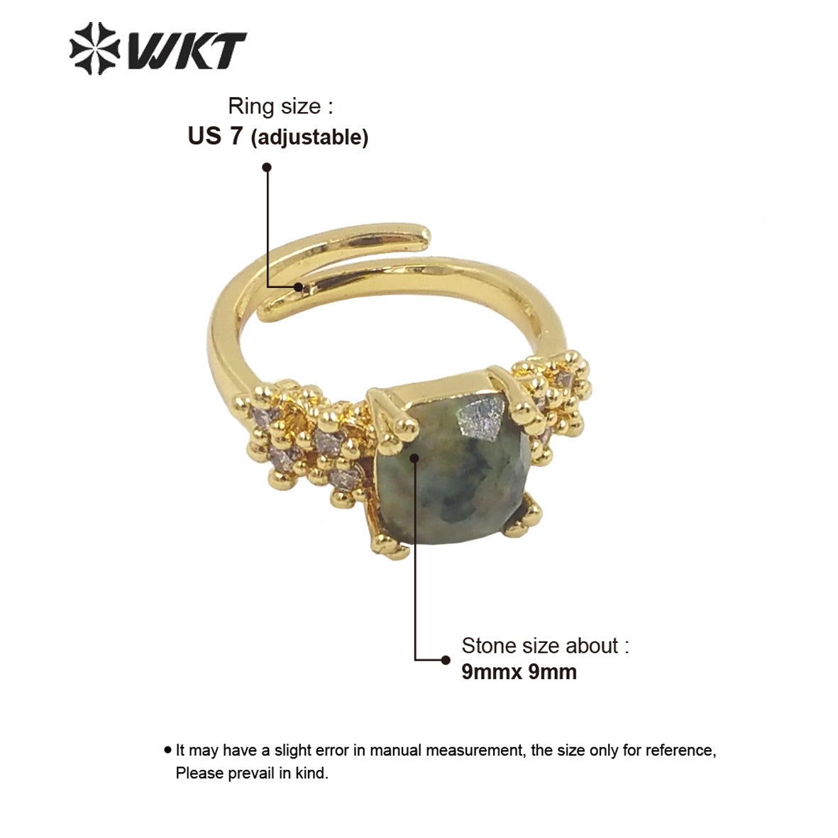 WT-R449 Wholesale Micropaved Cubic Zircon Decorative Square Stone Ring for Birthday Gift Ring Trendy Rose Quartz Ring