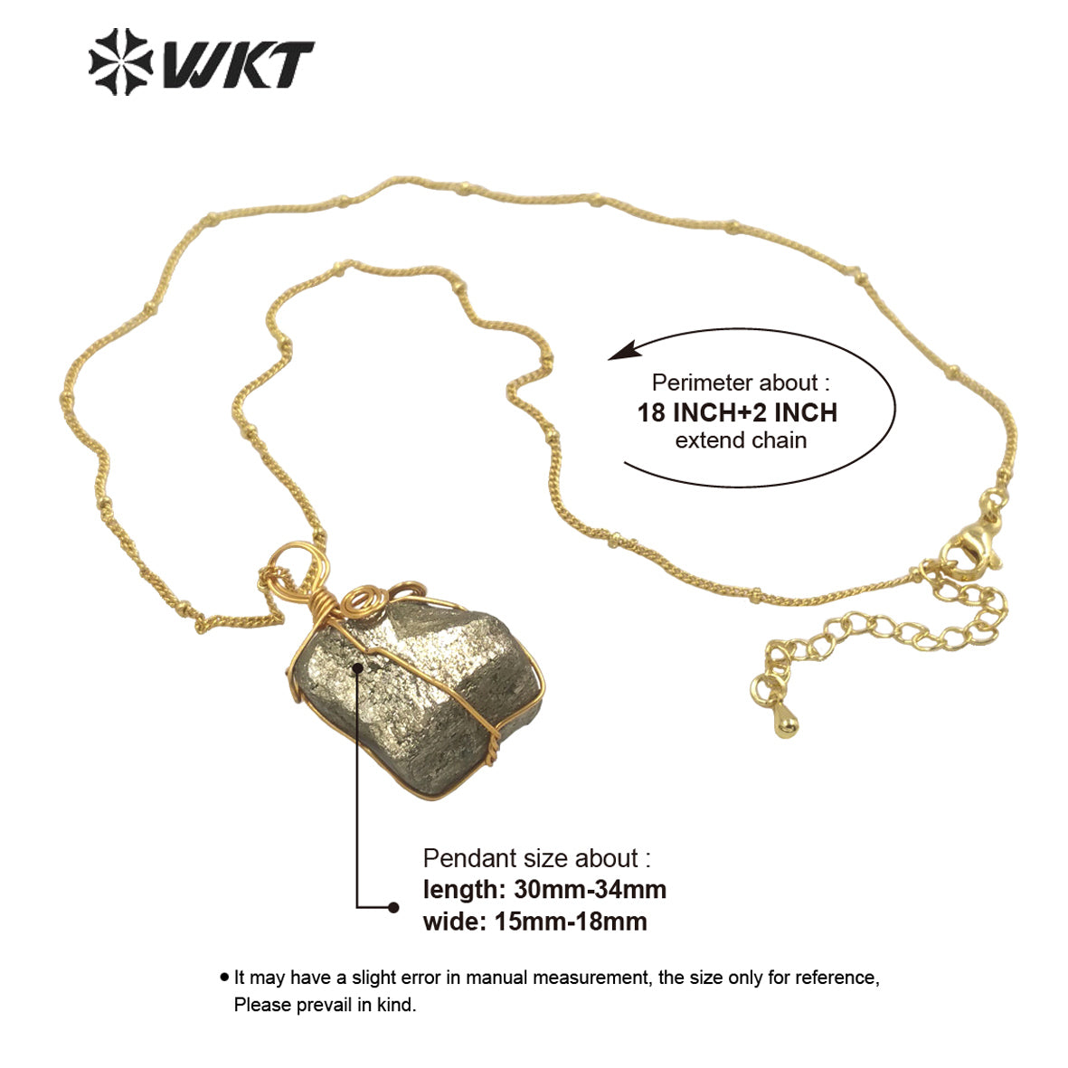 WT-N1345 WKT Newest Natural Jewelry Pyrite Necklace and Brass Wire Wrapped Pendant Women Special Jewelry Necklace Gift