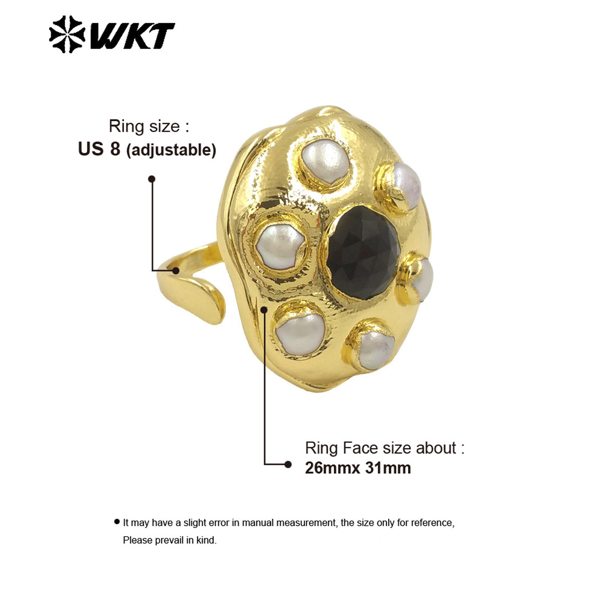 WT-MPR115 High Quality Unisex 18K Gold Plated Six Pearl and Natural Black Stone Round Shape Ring Exquisite Jewelry Accessories