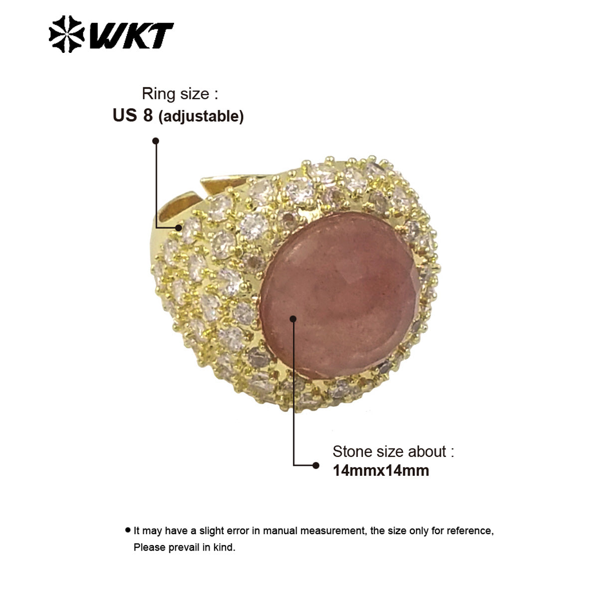 WT-MR027 Bling Series Big Unisex Cocktail Gemstone Setting With 18K Real Gold Plated Round Stone Rings in Open Size