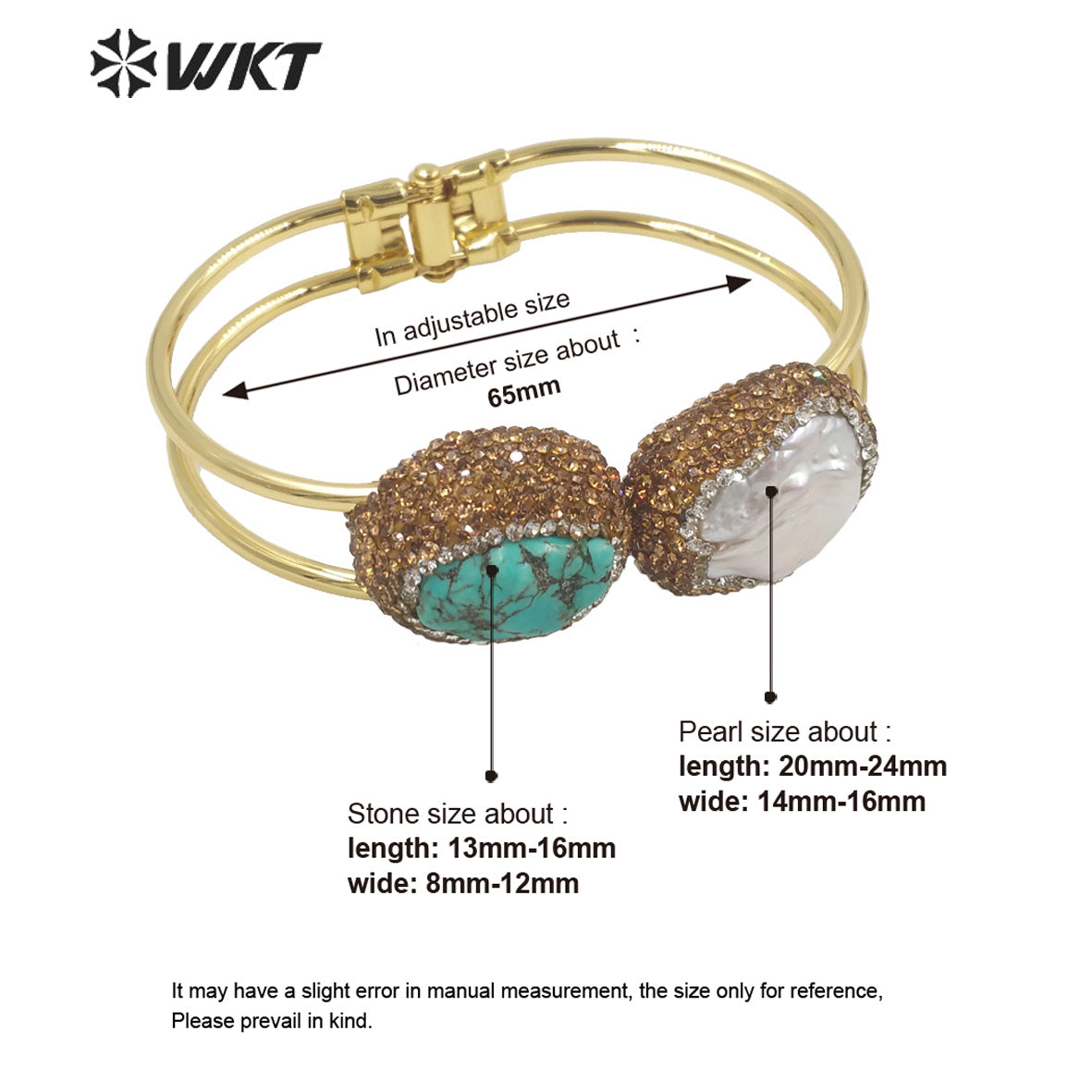 WT-MPB086 WKT 2023 New 18k Gold Plated Turquoise and Freshwater Pearl Cuff Bangle Boho Rhinestone Make Stone Bangle for Gift