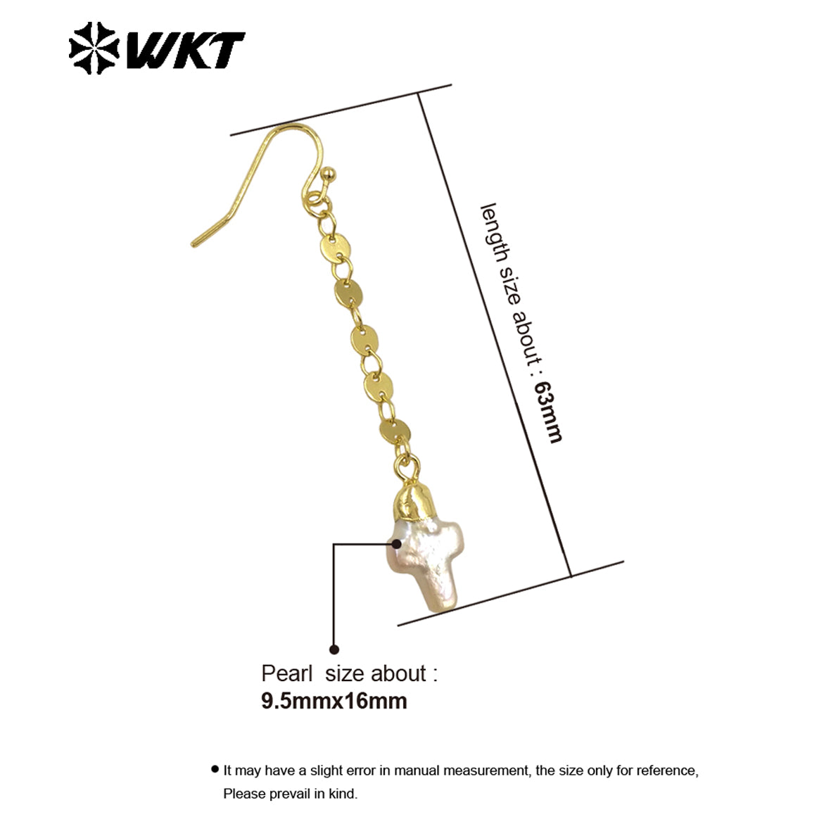 WT-MPE144 Small Religious 18K Gold Plated Natural Pearl Long Chain Cross Shaped Earrings Women's Delicate Jewelry Accessories