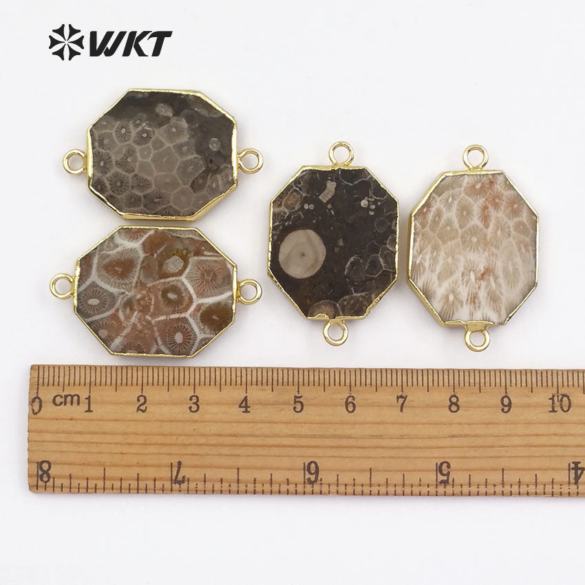 WT-C261 Gold Bezel Pendant Polygon Stone Chakra Collection for Women Jewelry Making Natural Ocean jasper Stone Connectors