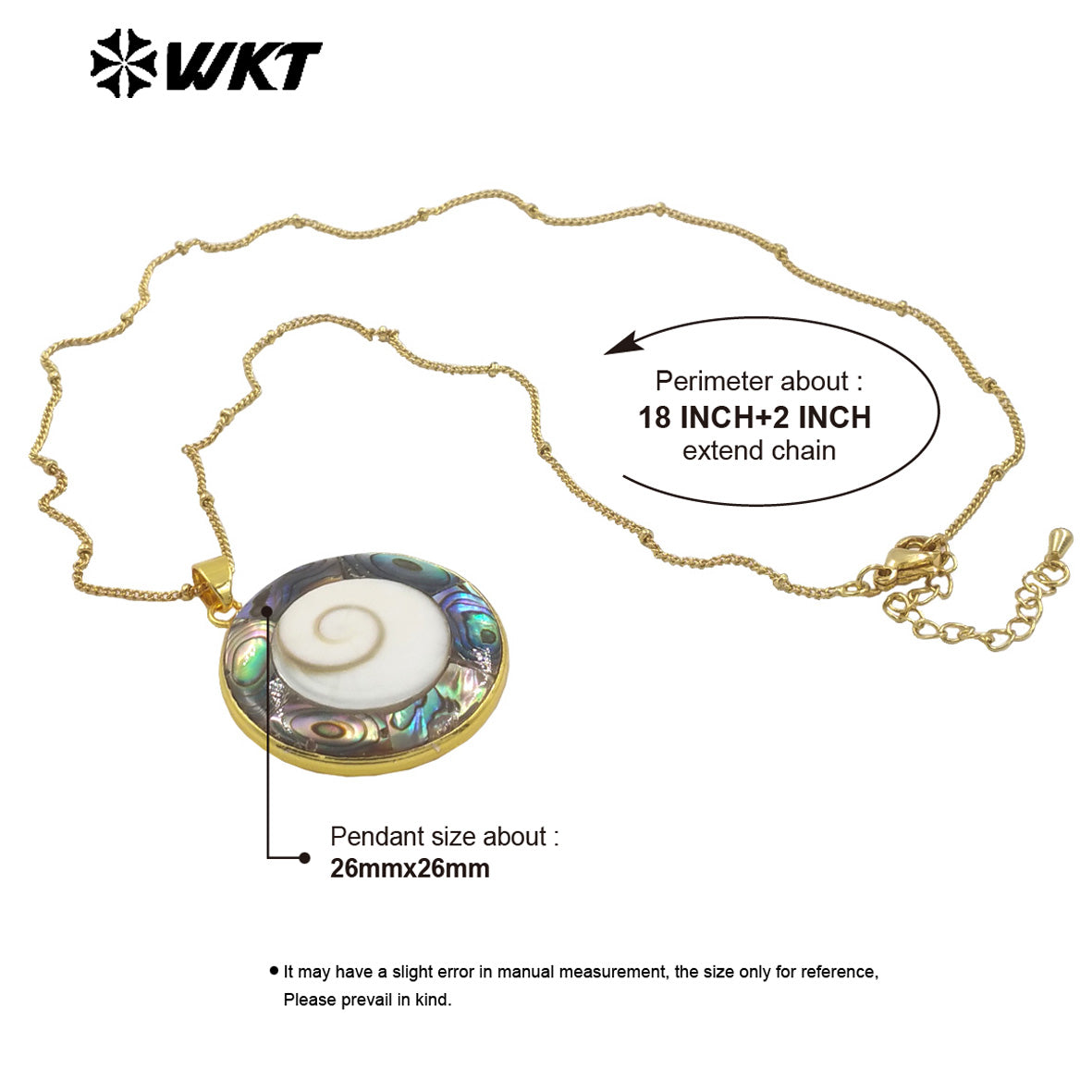 WT-JN266 Wholesale Fashion Gold Bezel Round White Trumpet Shell Energy Pendant Necklace With 18 Inch Chain