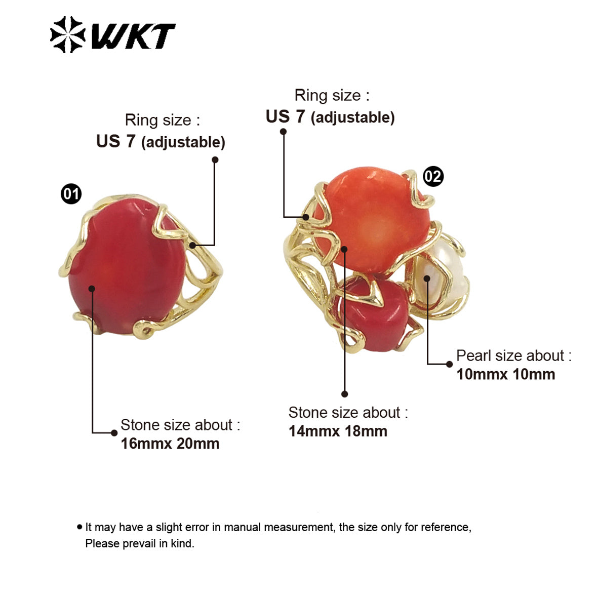 WT-MPR055 WKT Newest 18k Real Gold Plated Triple Stone Ring Lovely Women Natural Coral and Pearl Boho Ring for Gift