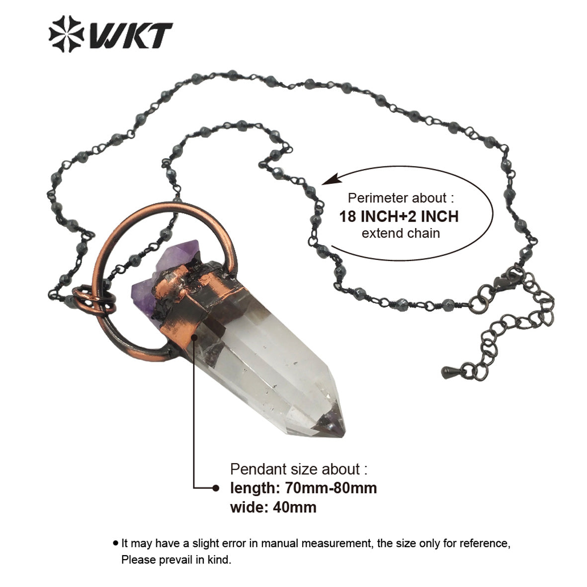 WT-N1263 Women Antique Copper Plated Crystal Quartz with Amethyst Necklace Boho Vintage Natural Quartz Point Necklace