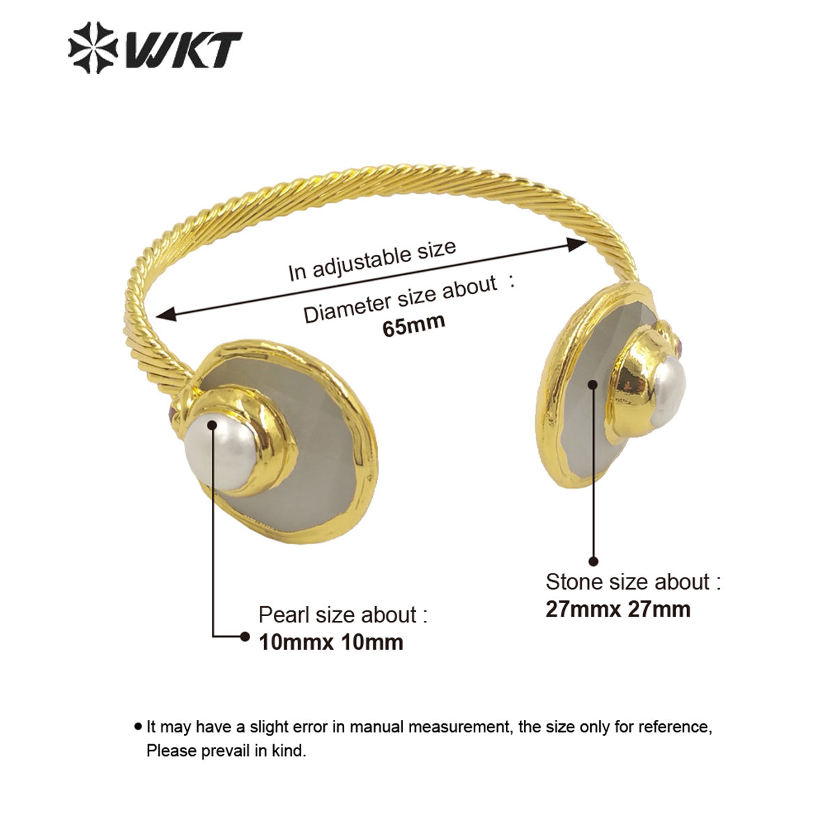 WT-B616 Wholesale Fashion Double Cat Eye Stone Bangle 18k Real Gold Plated Resist Tarnishable Pearl Charm Bangle