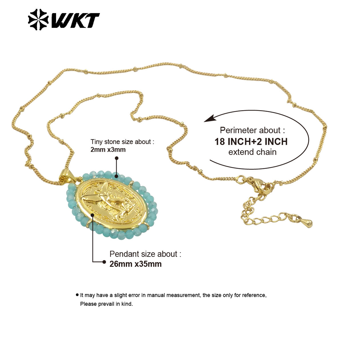WT-MN990 Fashion Women 18K Real Gold Plated Oval Shape Crystal Wire Wrapped Guardian Angel Necklace for Christian