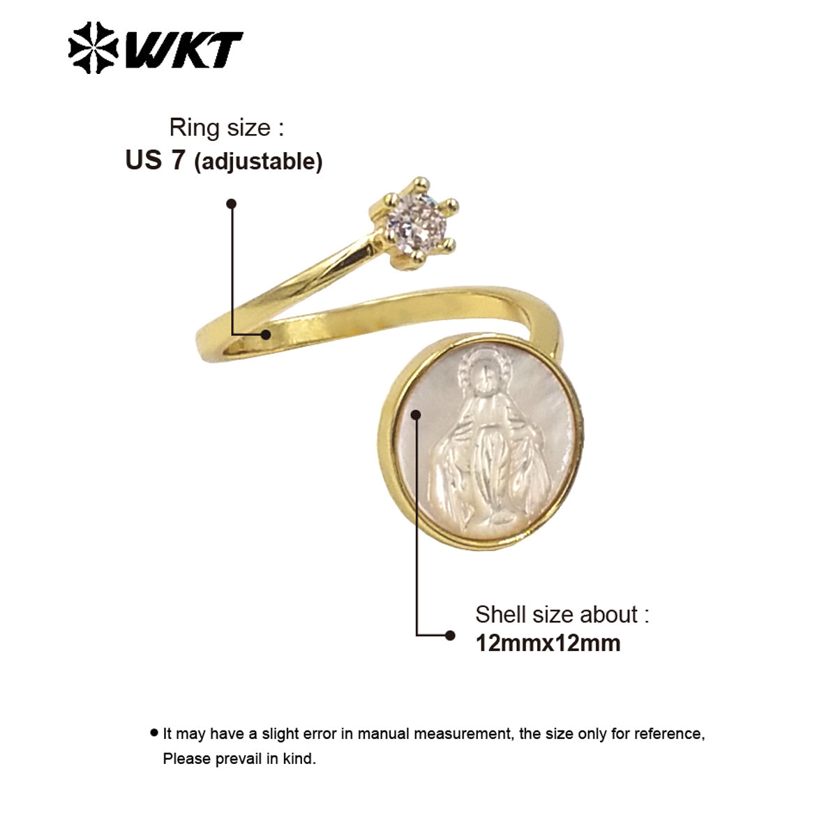 WT-MPR092 WKT New Christian Jewelry Design 18K Gold Plated Adjustable Religious Virgin Mary Ring With Zircon Stone
