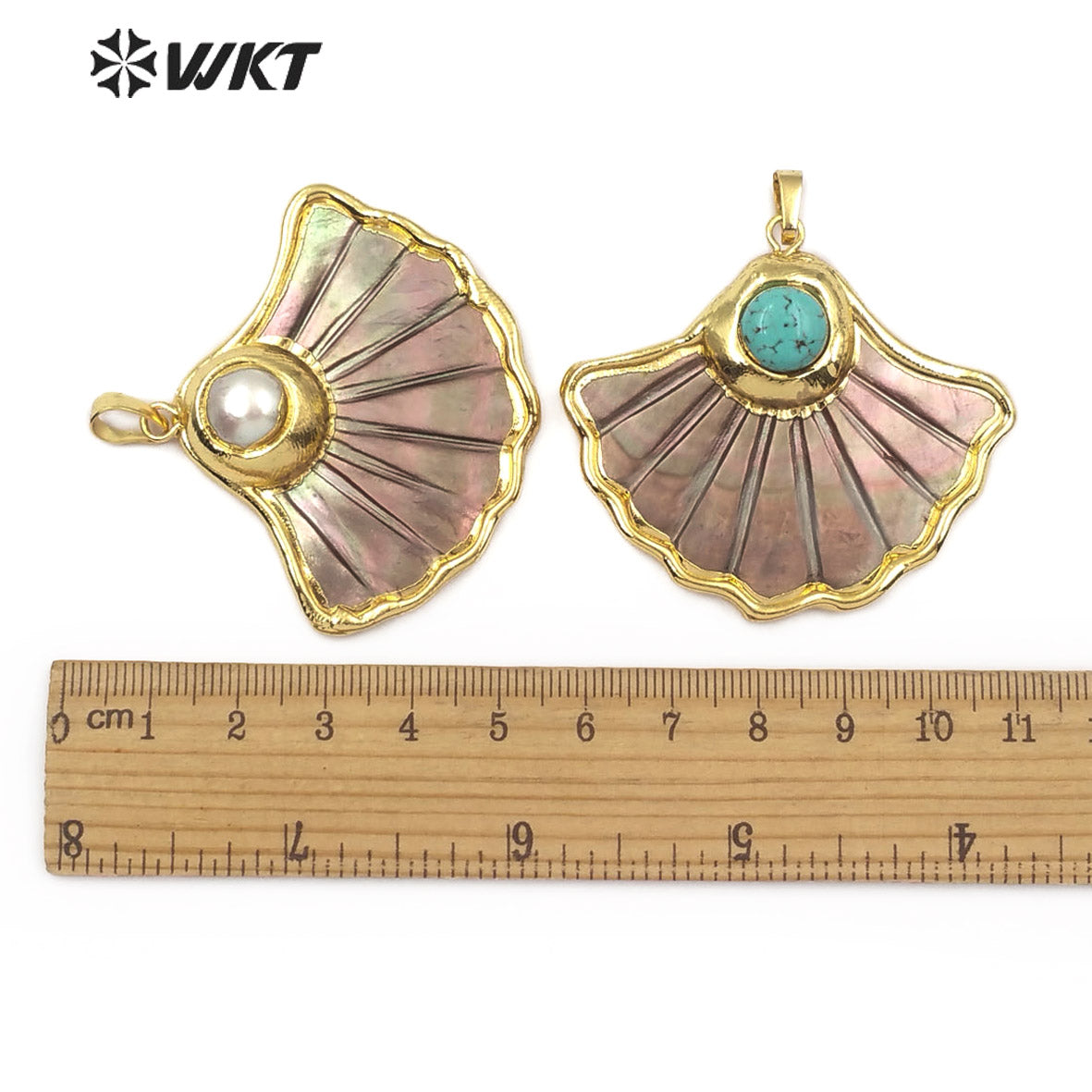 WT-JP102 Dark Shell Scalloped Top with Pearl or Turquoise Embellishment with Two Choices of Gold-plated Shell Pendants