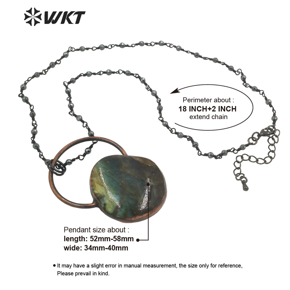 WT-N1334 WKT Vintage Shiny Antique Copper Water Drop Shape Natural Stone Labradorite with Copper Big Ring Jewelry Necklace