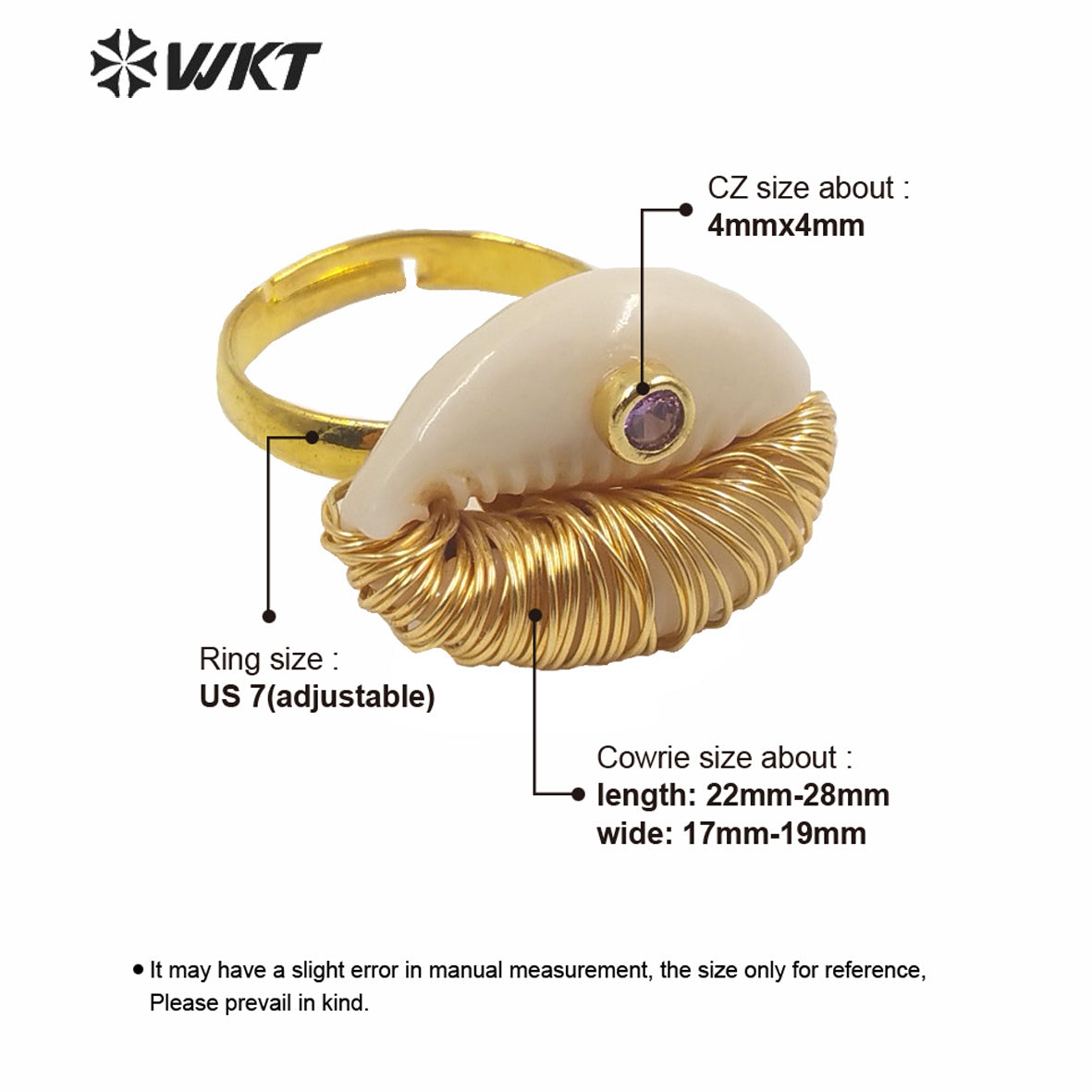 WT-MPR003 New Summer Hot Wire Brass Handmade Wrapped Natural Sea Cowrie Ring With Cz Charm Fashion Gold Summer Conch Rings