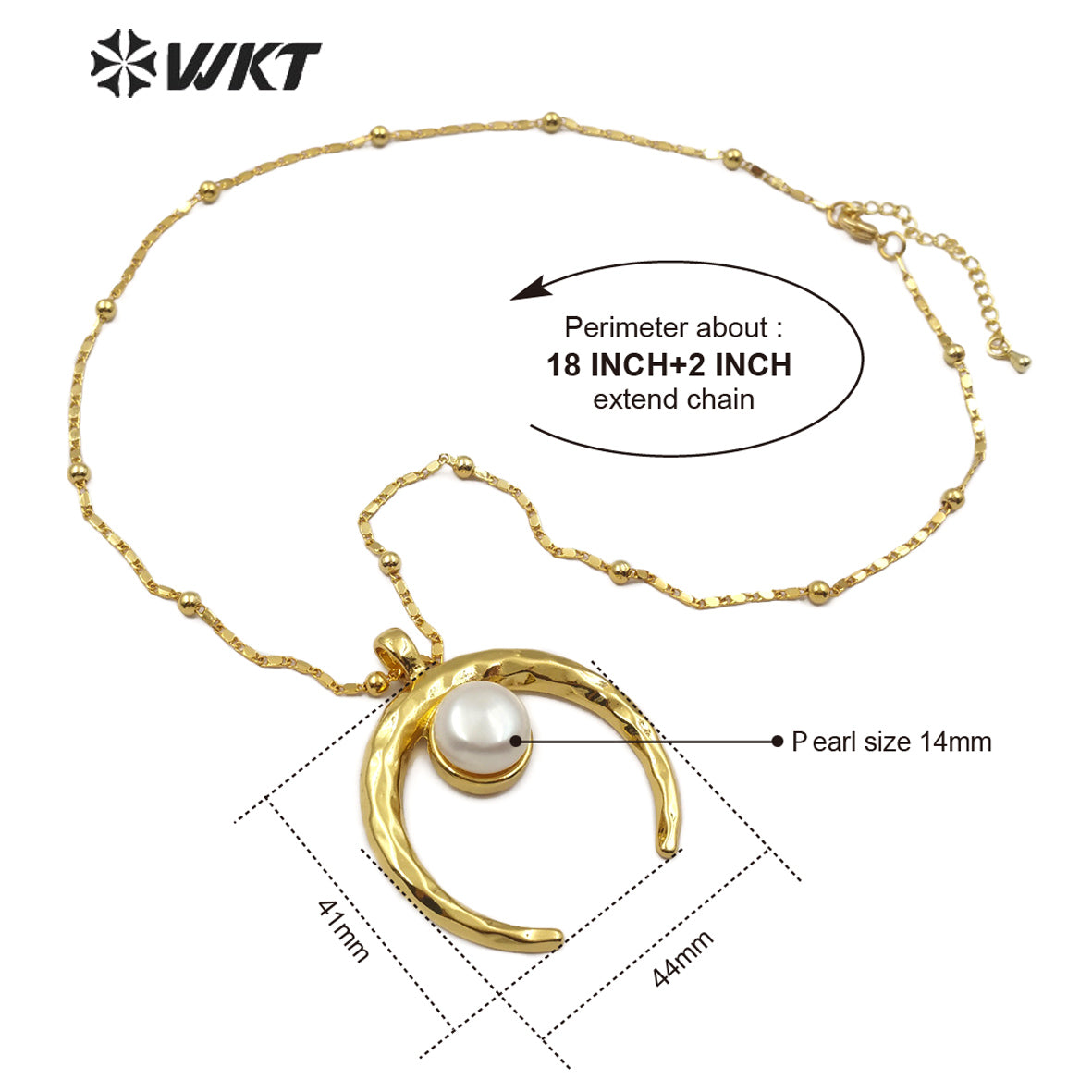 WT-JN079 Bohemian Style Sparkling Brass Crescent 18K Gold Plated With Middle Pearl Decoration Pearl Crescent Horn Necklace