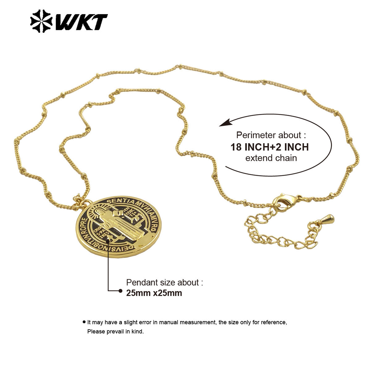 WT-MN992 Wholesale Fashion Gold Plated Round St Benedict Medal Religious Necklace in Drop Oil Craft