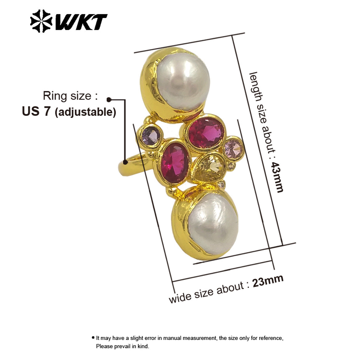 WT-MR042 Wholesale Amazing Pearl Ring With Cubic Zircon Adjustable Size Gold Plated Elegant Fashion Style Ladies Jewelry