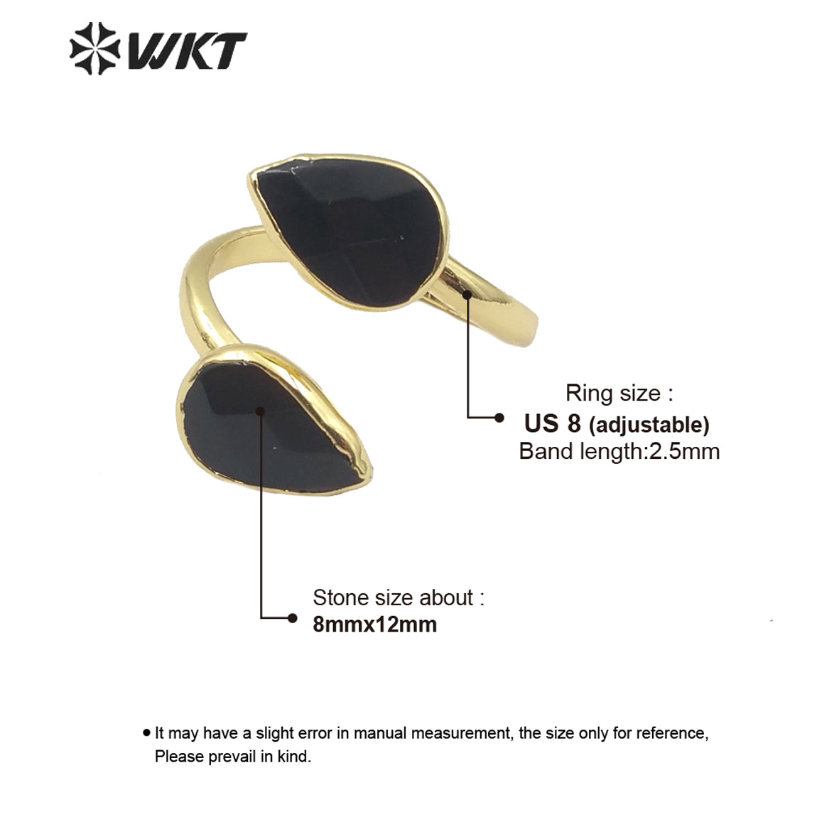 WT-R348 Wholesale Double Teardrop Natural Black Agate Ring Fashion Gold Plated Women Charm Jewelry Natural Stone Ring