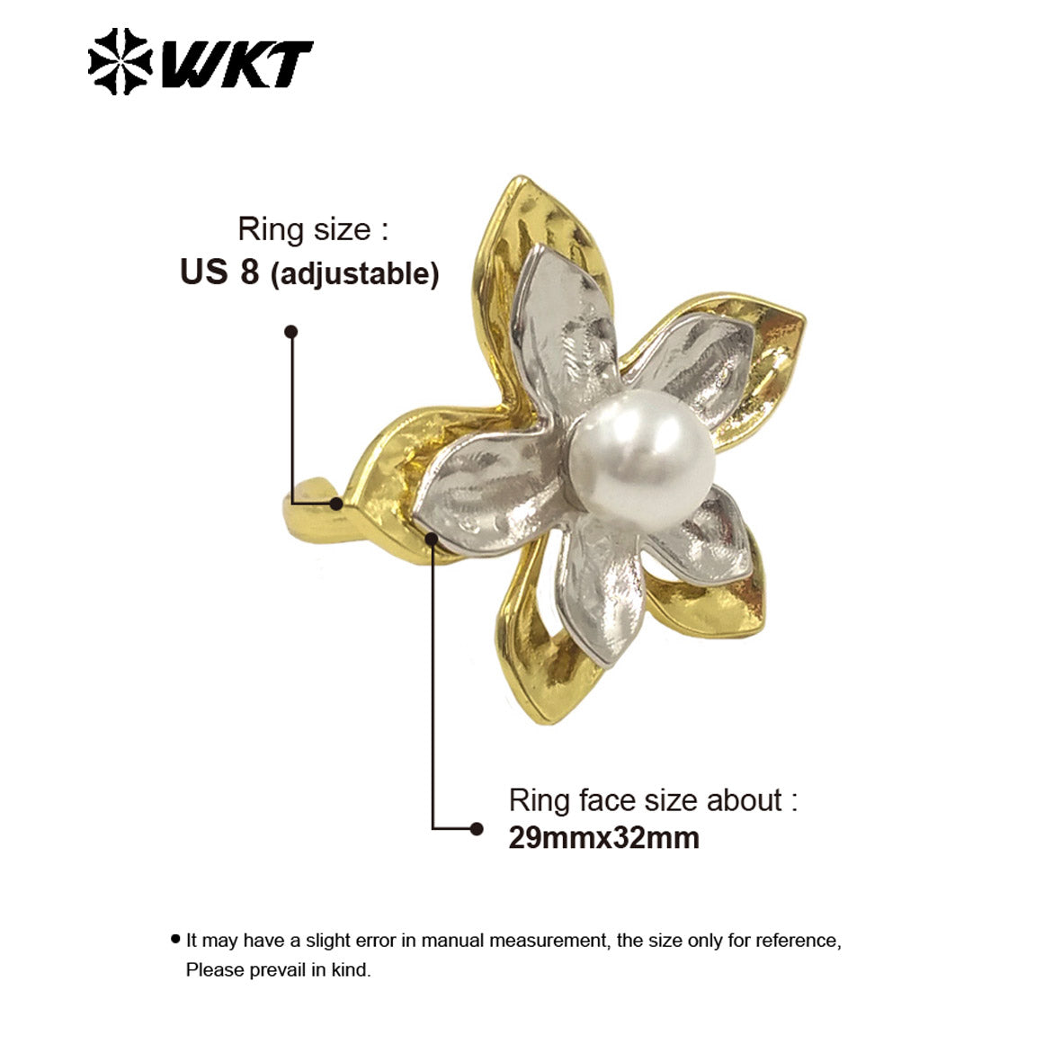 WT-MPR128 Popular Fashion Gold Plated Resist Tarnishable Flower Shape Artificial Pearl Ring for Women