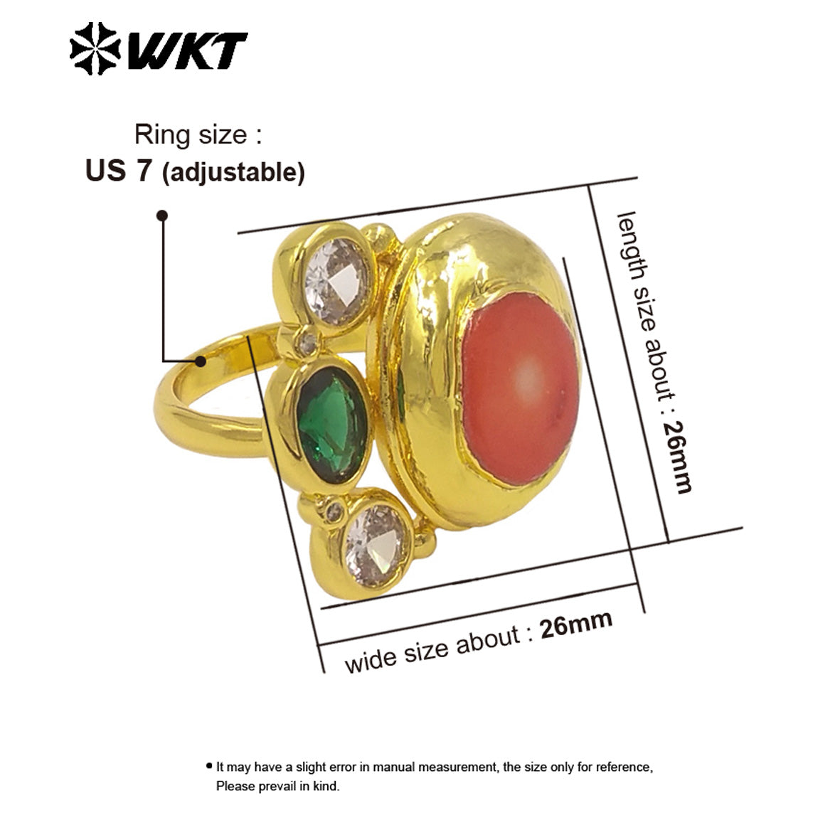 WT-MR041 18K Gold Plated Resist Tarnishable Cute Women Ring With Natural Red Coral And Colorful Cubic Zircon Adjustable
