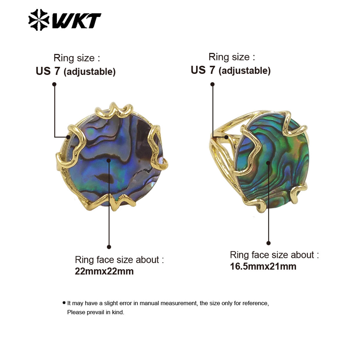 WT-MPR124 Women 18K Gold Plated Clawing Setting With Natural Round and Oval Abalone Shell Ring in Adjustable Size