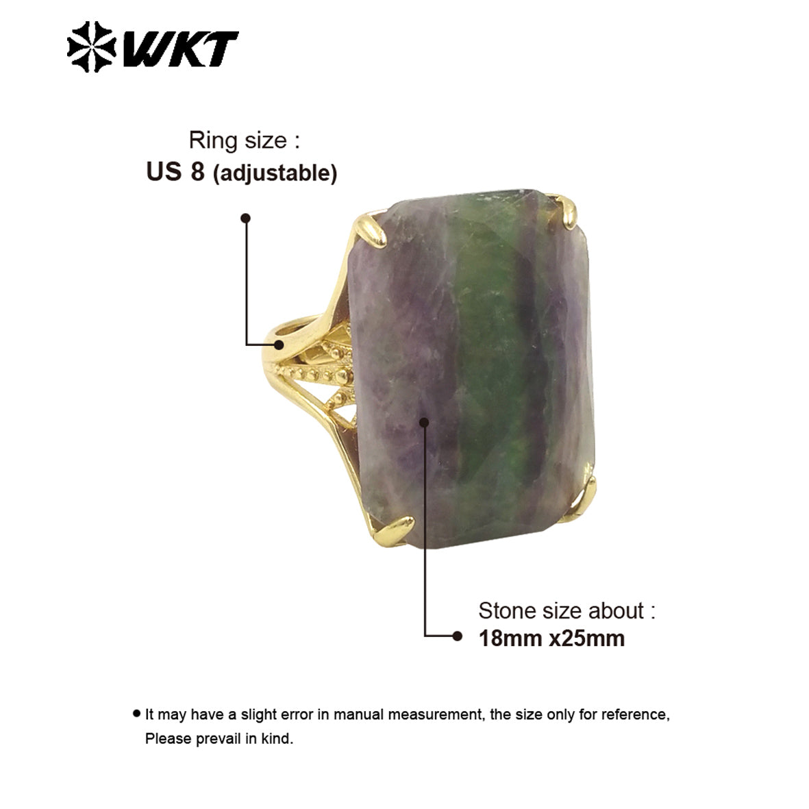 WT-R515 Wholesale Fashion Gold Plated Natural Rainbow Fluorite Stone With Claw Setting Long Square Women Ring