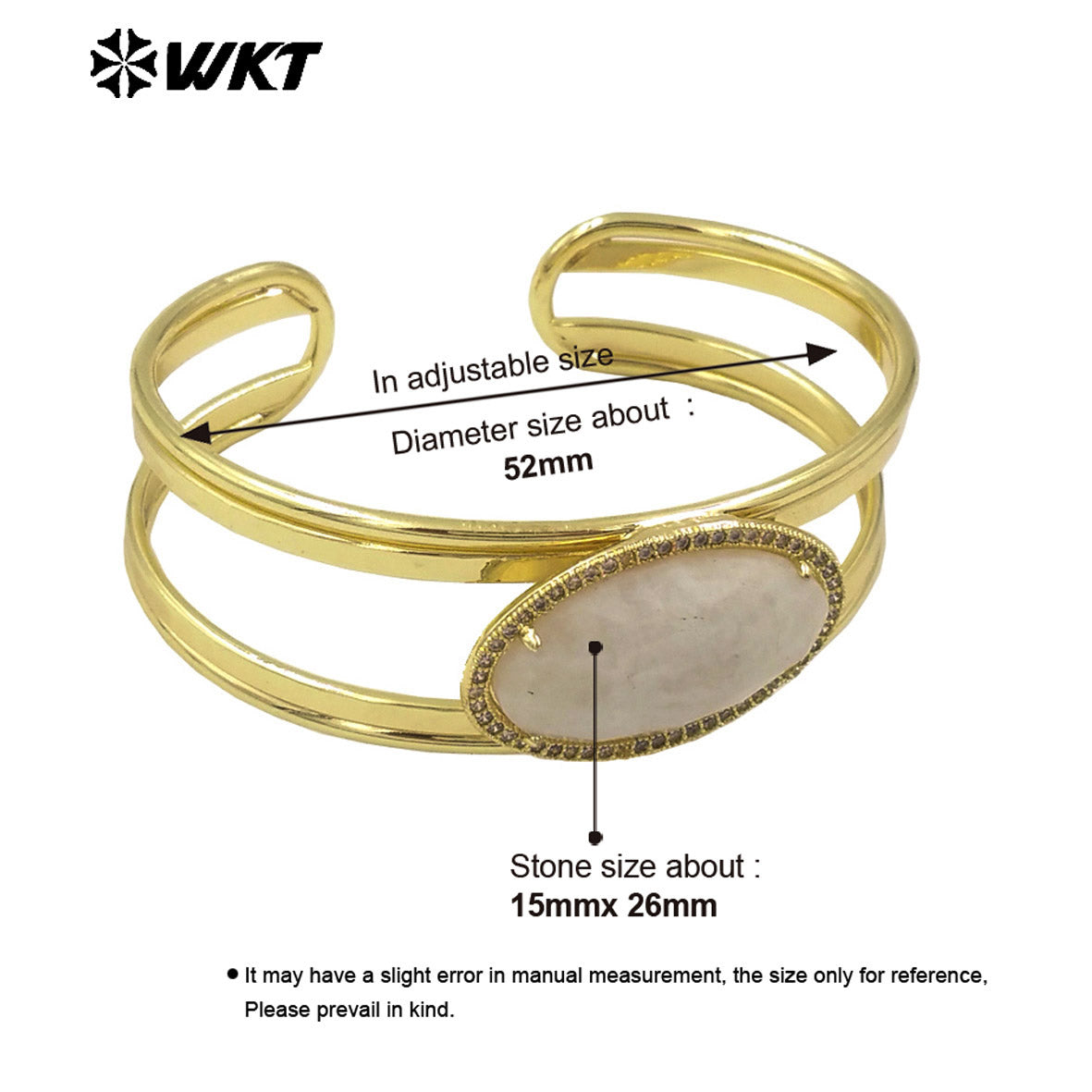 WT-B661 Wholesale Fashion Gold Plated Oval Shape Stone With Claw Prong Setting Moon Stone Elegant Women Bangle in Adjustable
