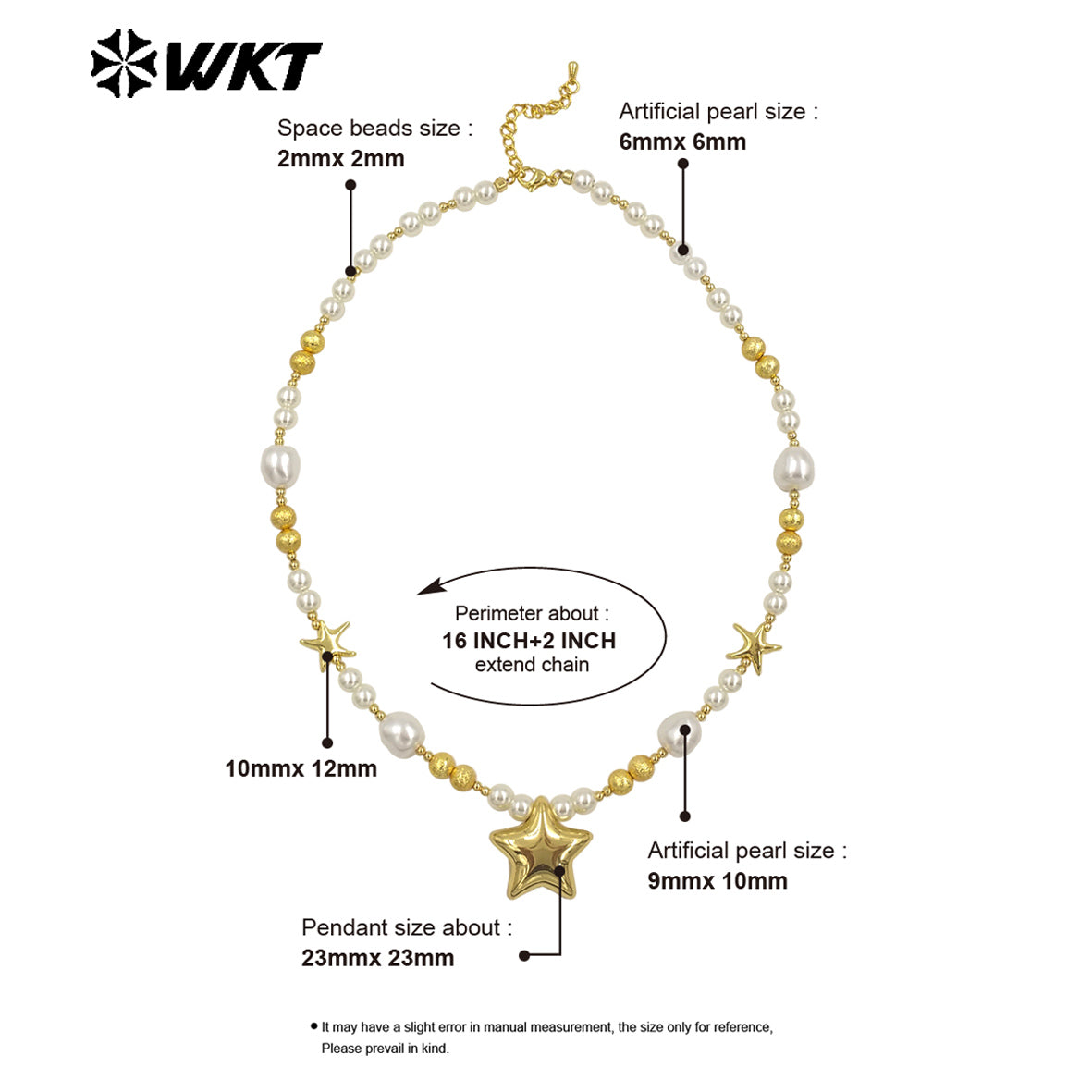 WT-JN287 WKT Natural Yellow Brass Artificial Pearl Star Shape Gold and Silver 16 Inch Necklace for the Girl As Birthday Gift