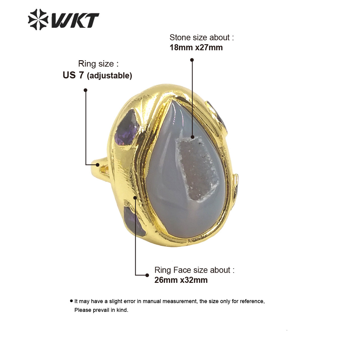 WT-R500 Gorgeous 18K Gold Plated Natural Druzy Geode Agate Teardrop Fashion Designer Unique Grey Stone Jewelry Ring