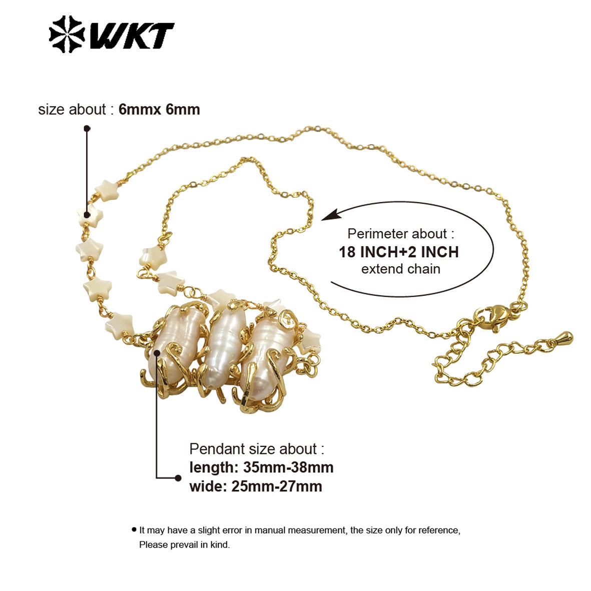 WT-JN302 Wholesale Popular Exquisite 18K Gold Plated Star Beads Inlaid Oval Large Pearl Necklace for Girl As Anniversary Gift