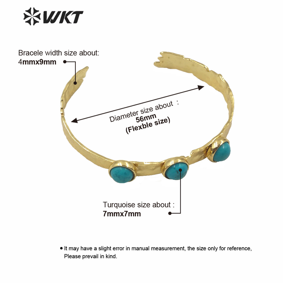 WT-B553 WKT Exclusive Design Triple Stone Bangle Women Gold Electroplated Adjustable Triple Turquoise Stone Cuff Bangle