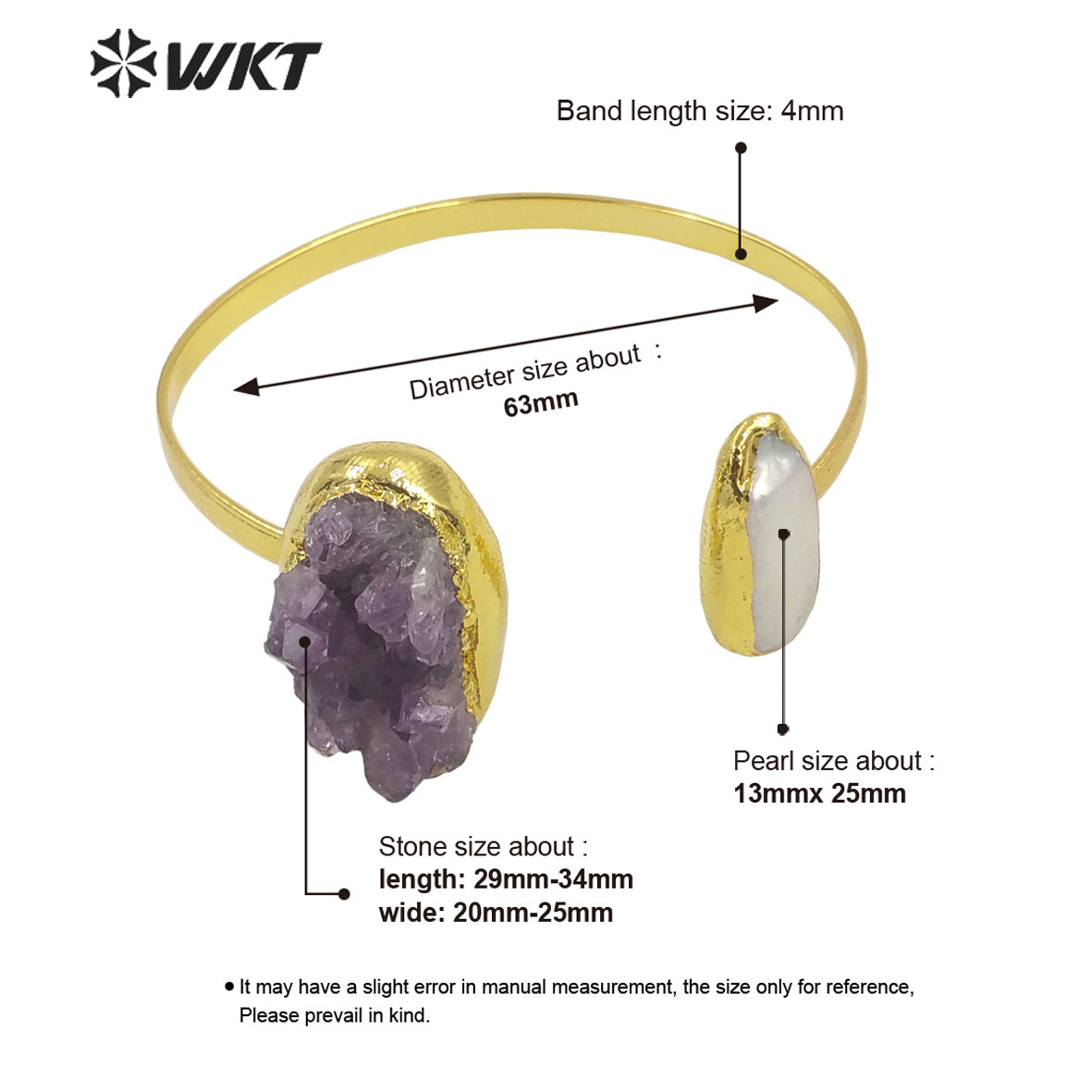 WT-B582 WKT Beautiful and Attractive Gold Electroplated Open Size Cuff Bangle Women Exquisite Natural Gemstone Amethyst Bangle