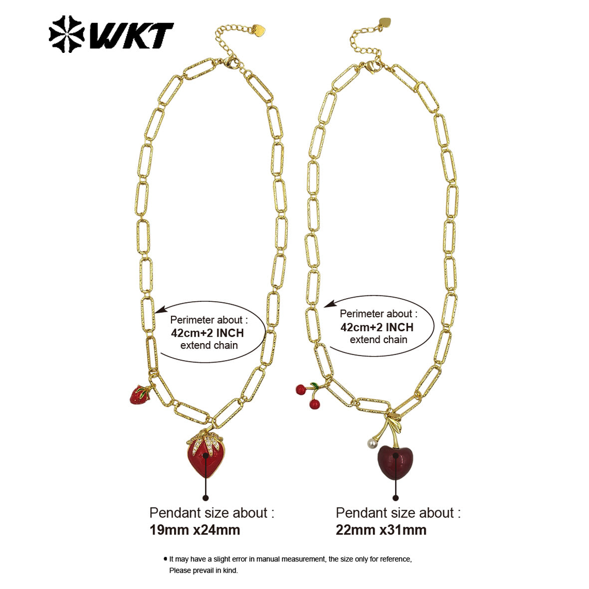 WT-JFN37 Romantic Fashion Fruits Necklace Double Charms Gold Plated Yellow Brass With Drop Oil As Girlfriend Jewelry Gift
