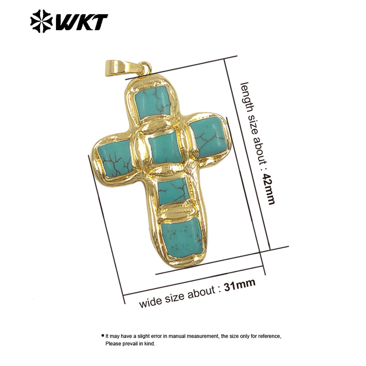 WT-P2037 Newest Religious Style Gold Plated Square Six Natural Turquoise Stones Cross Pendants For Handmade Fashion Gifts