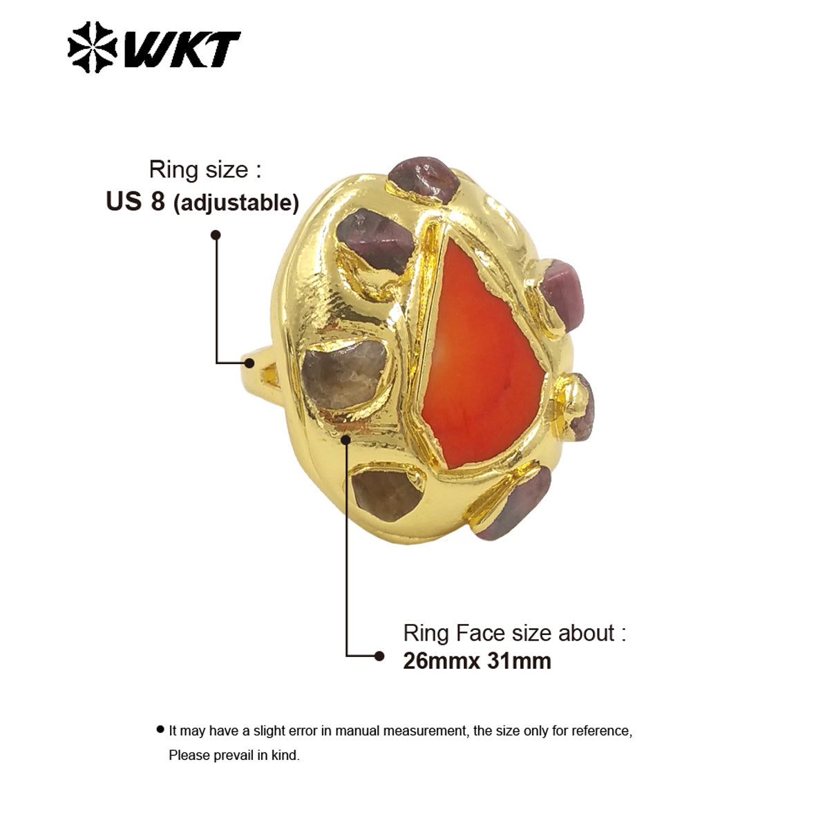 WT-MPR114 Popular 18K Gold Plated Triangle Red Coral and Tourmaline Adjustable Unisex Ring for Friends As Birthday Present